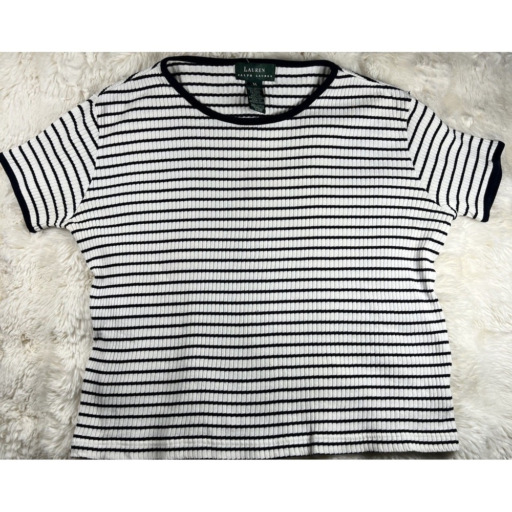 Vintage Lauren Ralph Lauren Womens Medium Striped Ribbed Short Sleeve T-Shirt